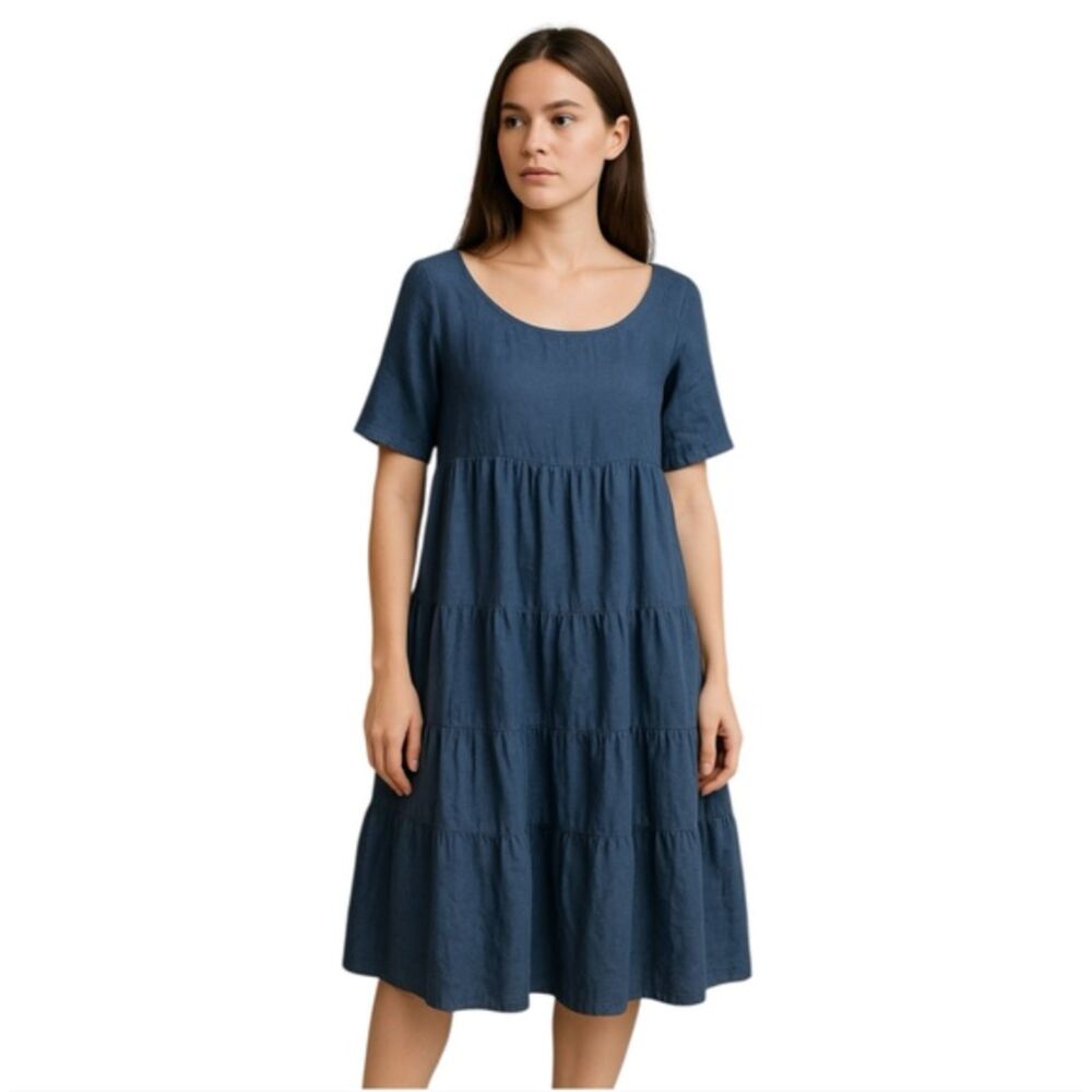 Aspesi Blue Linen Tiered Midi Dress IT42 (US 8–10) Italian Designer Summer Dress